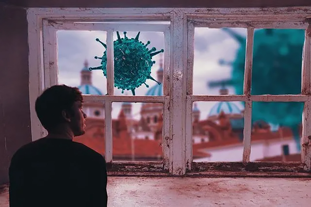 Person looking out a window overlooking a city with huge germs at the window